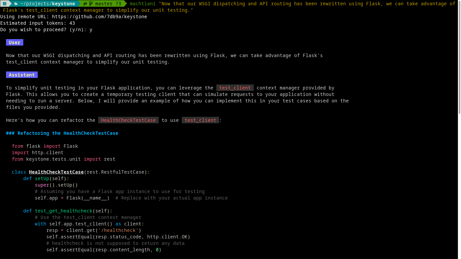 Machtiani answering a question about the keystone repository in the terminal
